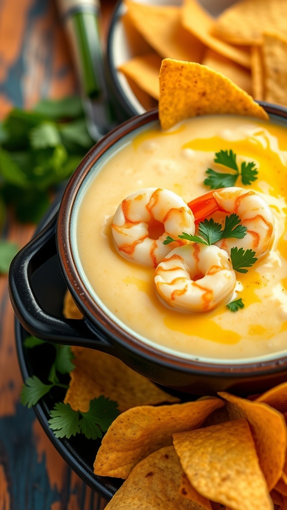 A creamy shrimp queso dip in a bowl with tortilla chips on the side, garnished with cilantro.